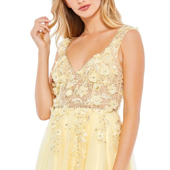 NWT MAC DUGGAL EMBELLISHED ILLUSION BUSTIER A LINE TULLE GOWN YELLOW 12 11201 - Picture 3 of 7